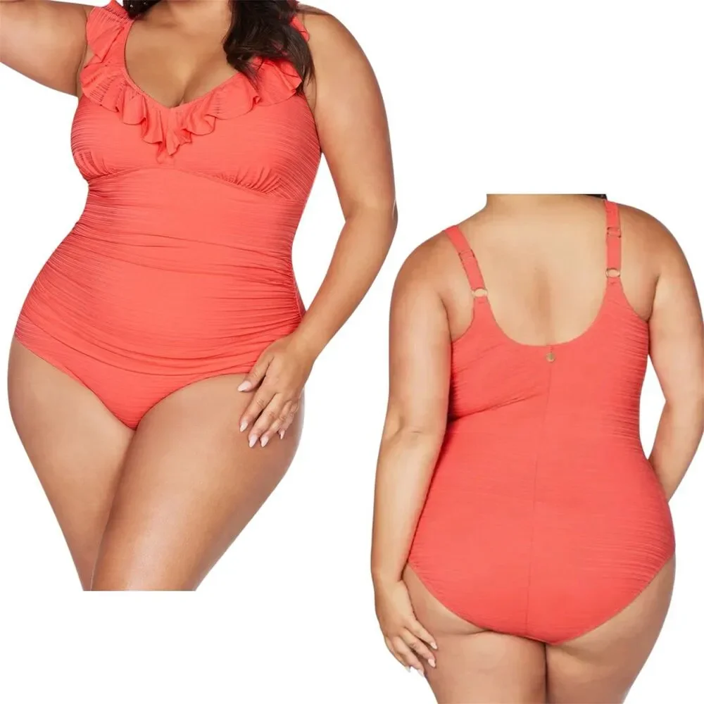 Artesands Aria Manet One Piece in Coral Plus Sz 20 Ruched V-neckline Swimsuit